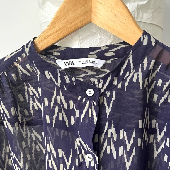 Zara Purple Pattern Semi Sheer Long Sleeve Blouse with Mandarin Collar Size S - Picture 4 of 8